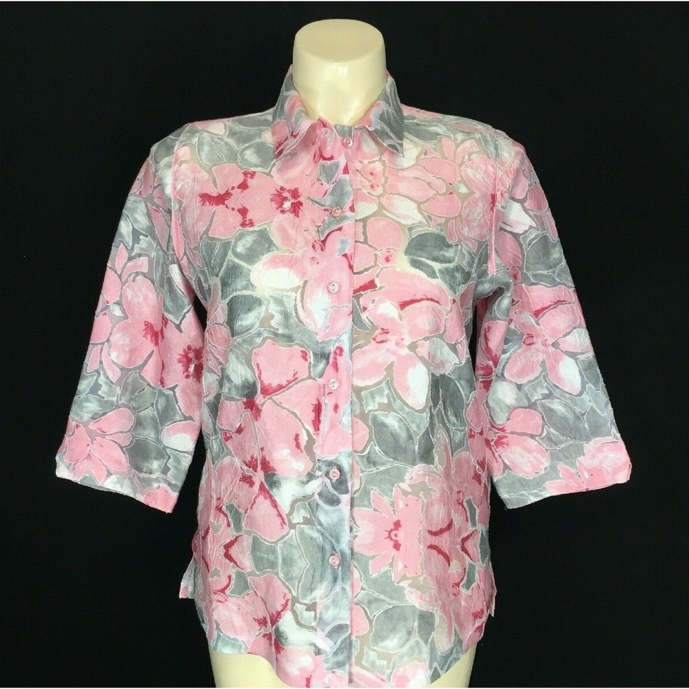 ALLISON DALEY Top 12 Pink Gray Tunic Burnout Semi Sheer Blouse 3/4‎ Sl Collar
